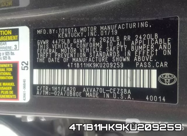 4T1B11HK9KU209259 фото 10