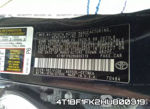 4T1BF1FK2HU800319 фото 10
