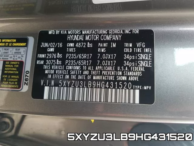 5XYZU3LB9HG431520 фото 2