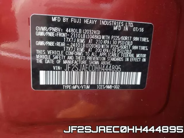 JF2SJAEC0HH444895 фото 2