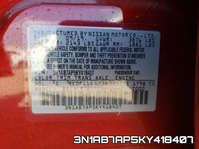 3N1AB7AP5KY418407 фото 2