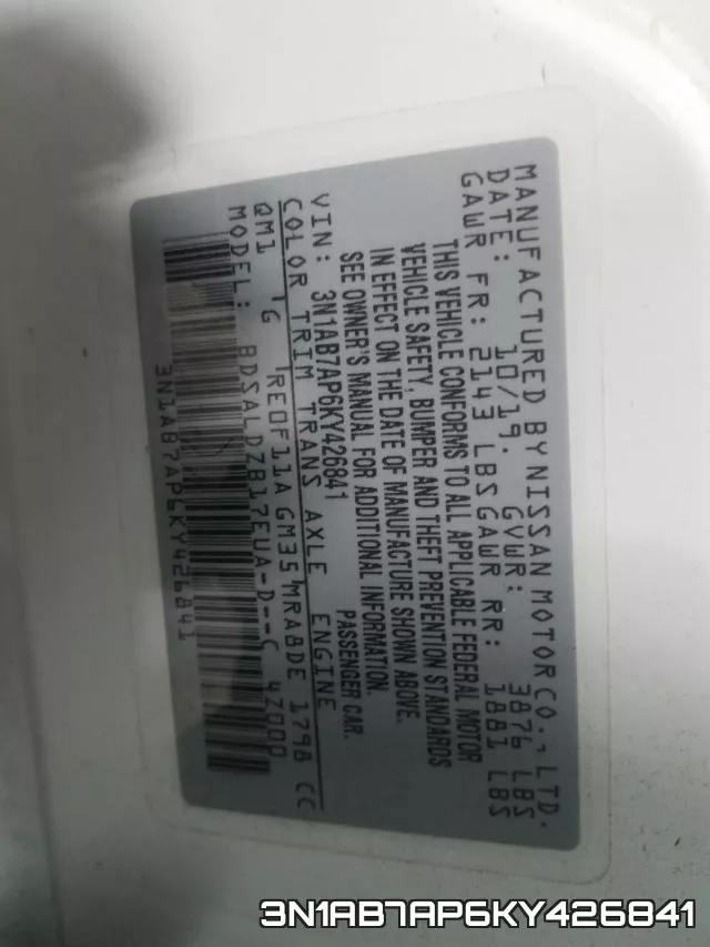 3N1AB7AP6KY426841 фото 2
