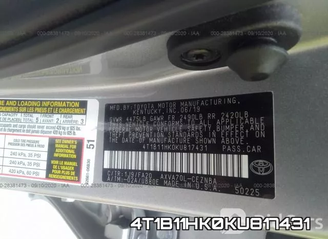 4T1B11HK0KU817431 фото 10