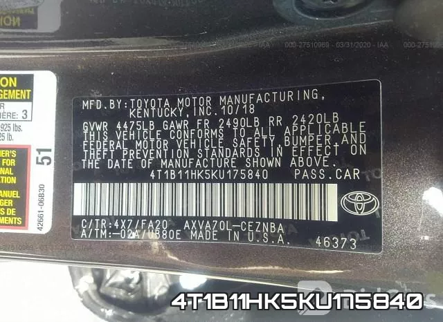 4T1B11HK5KU175840 фото 10