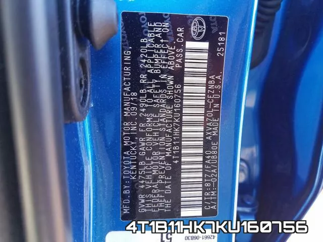 4T1B11HK7KU160756 фото 2