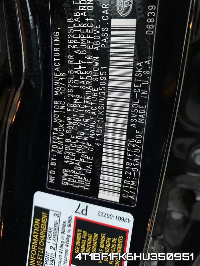 4T1BF1FK6HU350951 фото 2