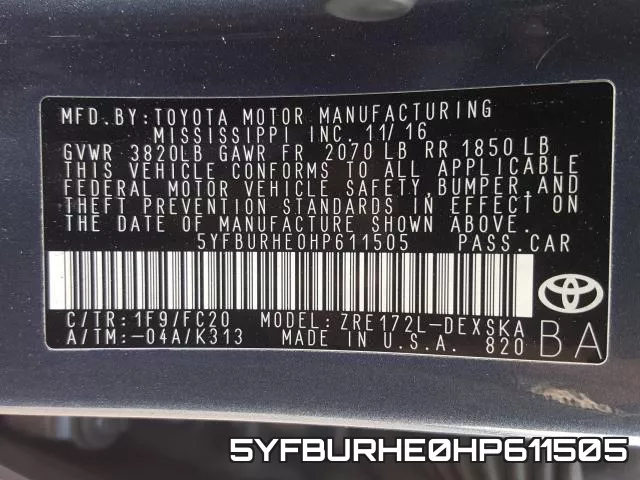 5YFBURHE0HP611505 фото 2