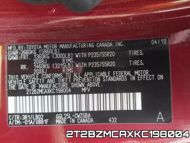 2T2BZMCAXKC198004 фото 2