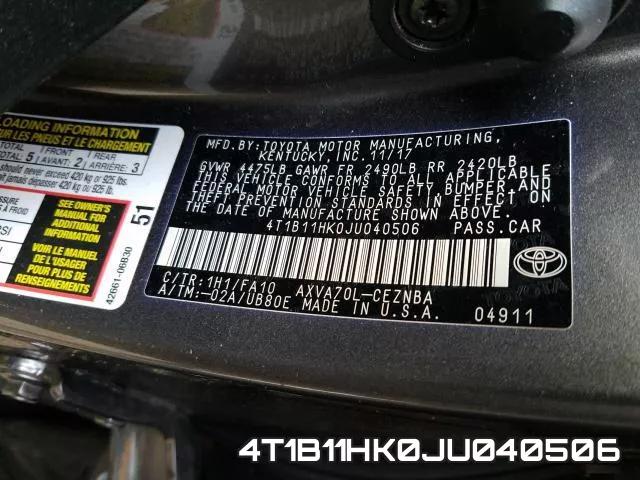 4T1B11HK0JU040506 фото 2