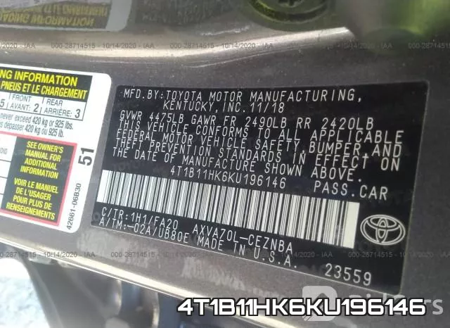 4T1B11HK6KU196146 фото 10
