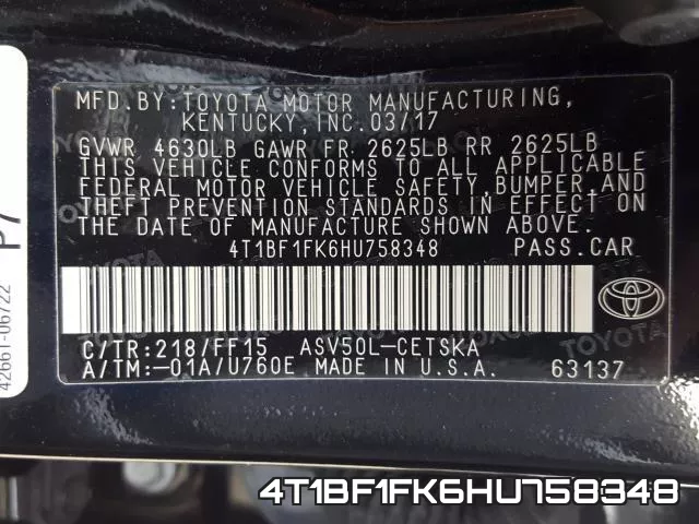 4T1BF1FK6HU758348 фото 2