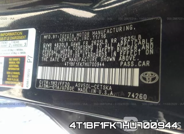 4T1BF1FK7HU700944 фото 10