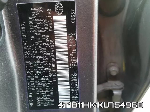 4T1B11HK1KU754968 фото 2