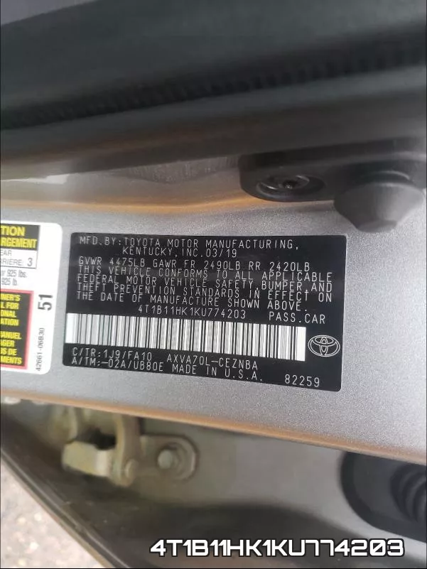 4T1B11HK1KU774203 фото 2
