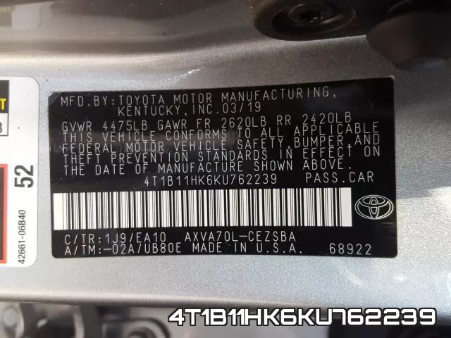 4T1B11HK6KU762239 фото 2
