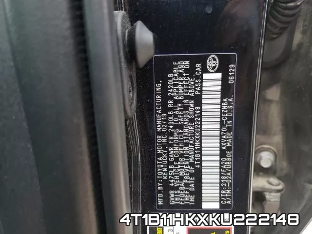 4T1B11HKXKU222148 фото 2
