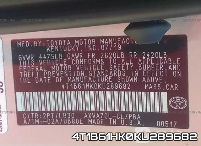 4T1B61HK0KU289682 фото 10