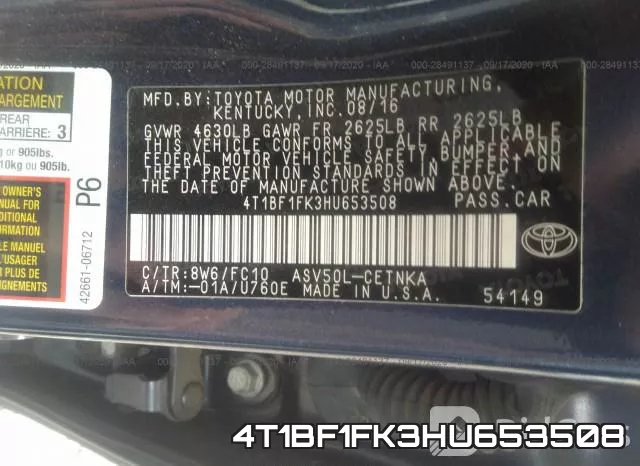 4T1BF1FK3HU653508 фото 10