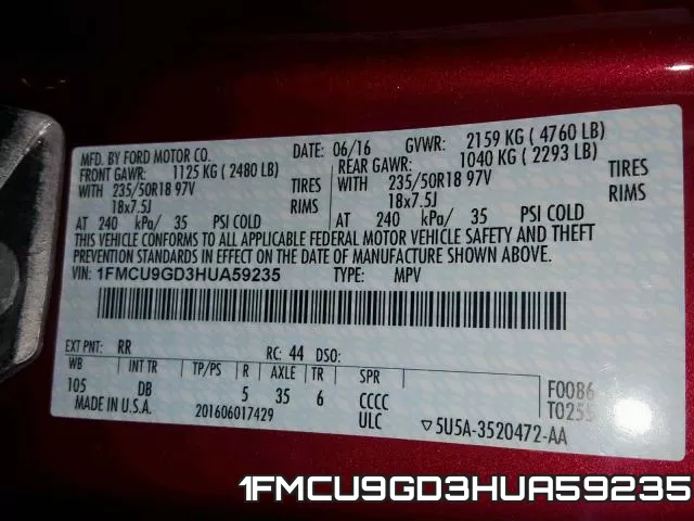 1FMCU9GD3HUA59235 фото 2