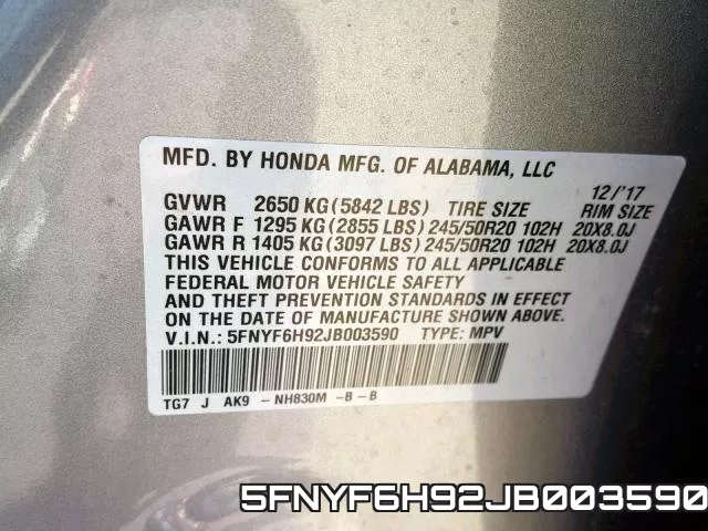 5FNYF6H92JB003590 фото 2