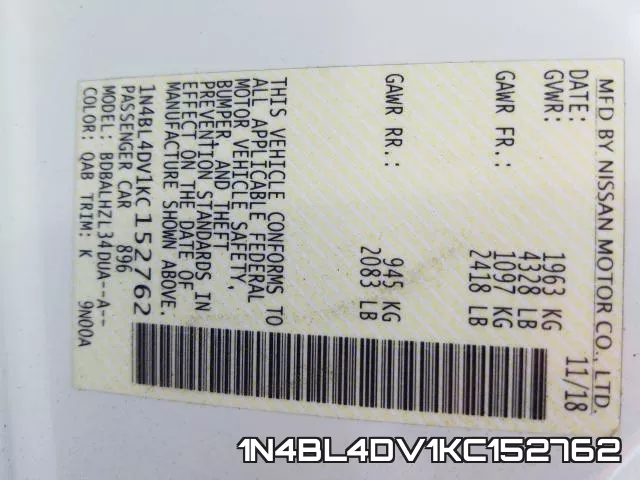 1N4BL4DV1KC152762 фото 2