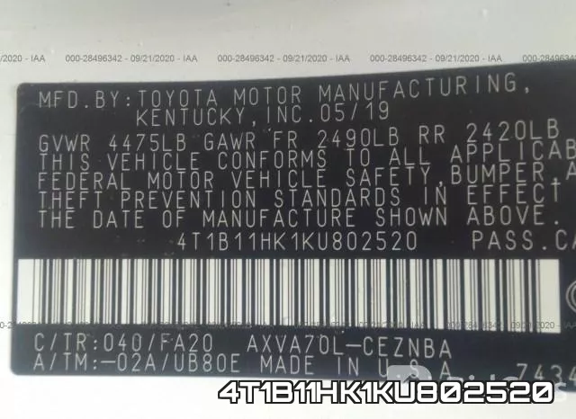 4T1B11HK1KU802520 фото 9