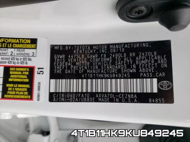 4T1B11HK9KU849245 фото 2