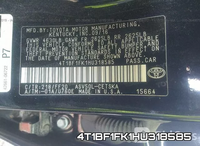 4T1BF1FK1HU318585 фото 10
