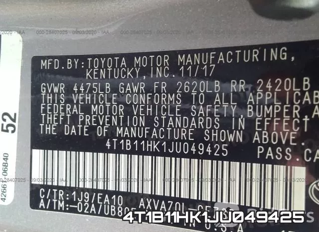 4T1B11HK1JU049425 фото 10