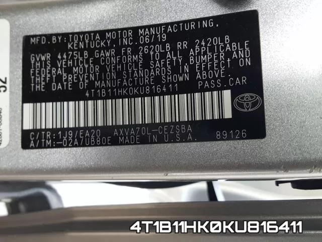 4T1B11HK0KU816411 фото 2