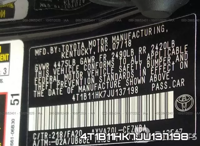 4T1B11HK7JU137198 фото 10