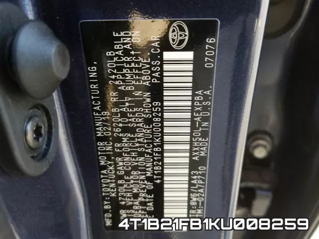 4T1B21FB1KU008259 фото 2