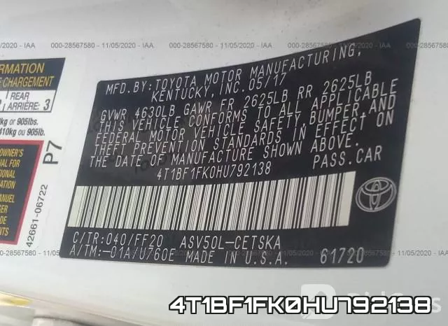 4T1BF1FK0HU792138 фото 9