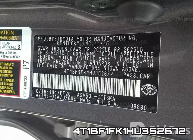 4T1BF1FK1HU352672 фото 10