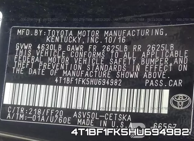 4T1BF1FK5HU694982 фото 10