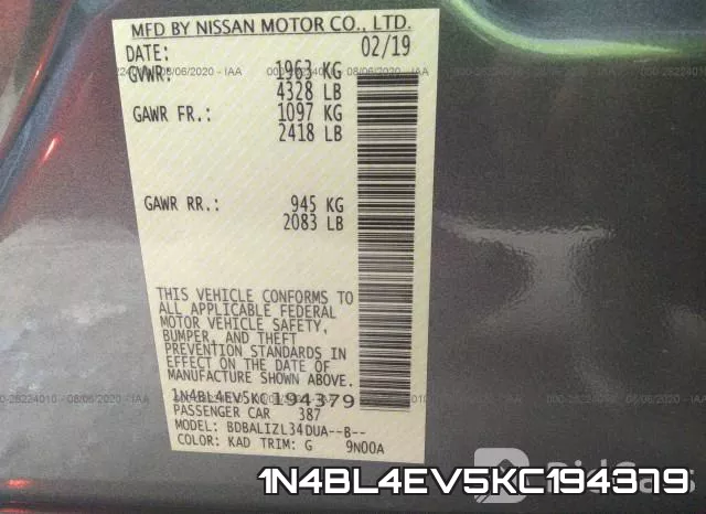 1N4BL4EV5KC194379 фото 10