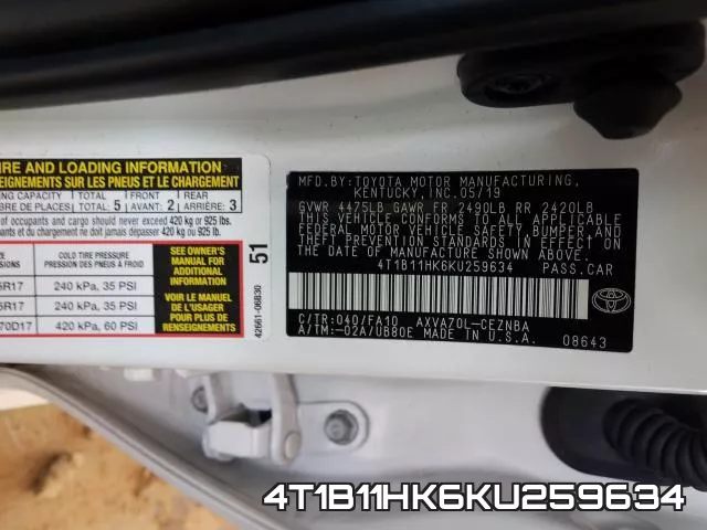 4T1B11HK6KU259634 фото 2