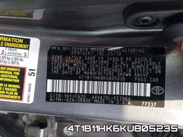 4T1B11HK6KU805235 фото 2
