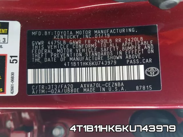 4T1B11HK6KU743979 фото 2