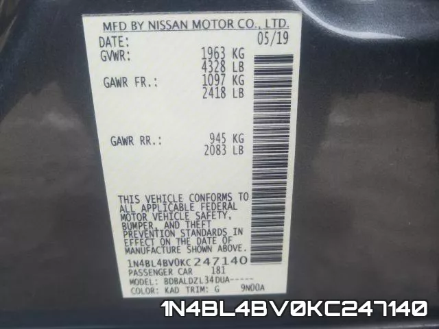 1N4BL4BV0KC247140 фото 2