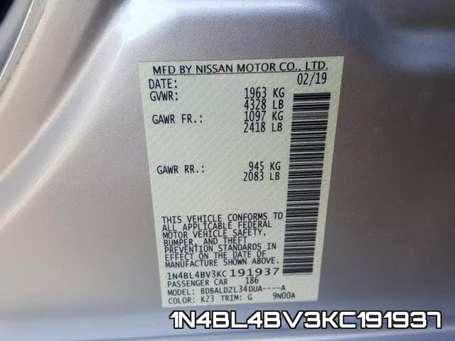 1N4BL4BV3KC191937 фото 2
