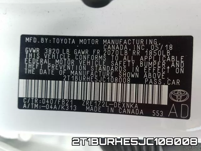 2T1BURHE5JC108008 фото 2