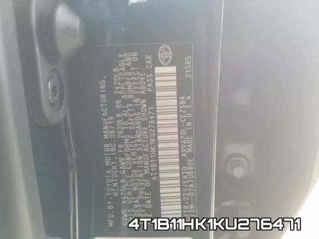 4T1B11HK1KU276471 фото 2
