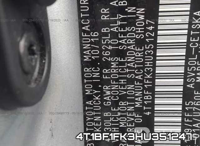 4T1BF1FK3HU351247 фото 8
