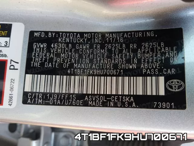 4T1BF1FK9HU700671 фото 2