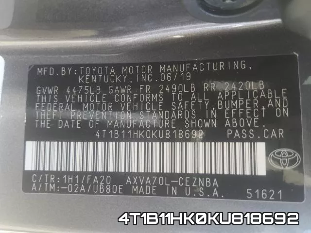 4T1B11HK0KU818692 фото 2