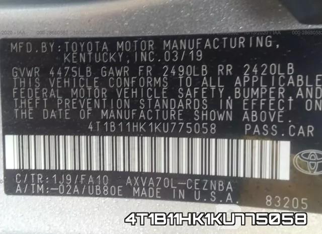 4T1B11HK1KU775058 фото 9