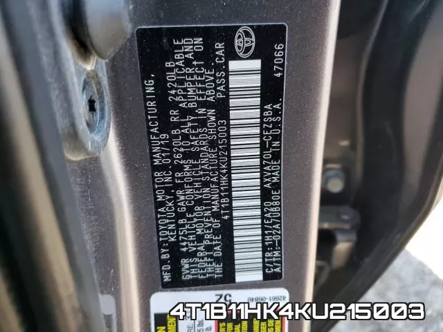 4T1B11HK4KU215003 фото 2
