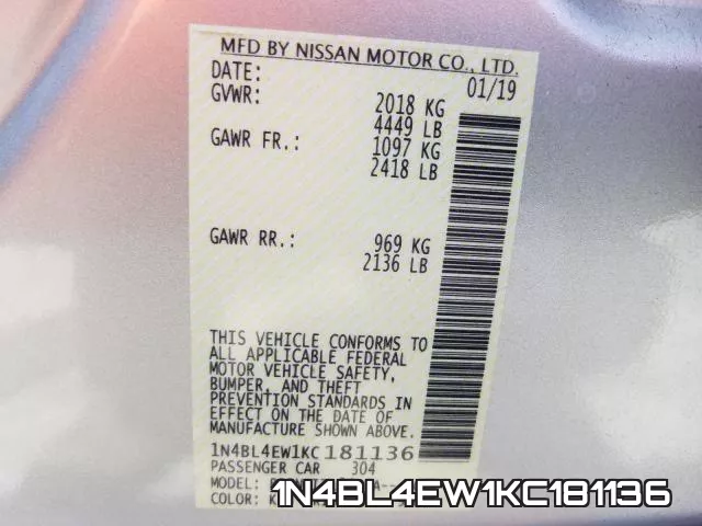 1N4BL4EW1KC181136 фото 2