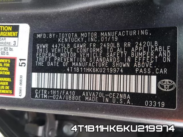 4T1B11HK6KU219974 фото 2